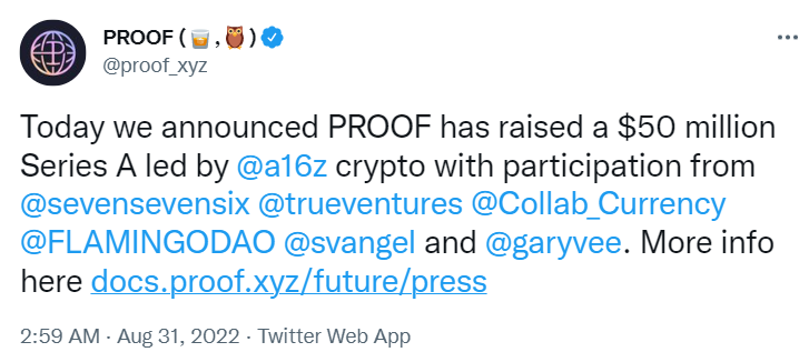 Moonbirds 母公司 PROOF 完成 5000 万美元 A 轮融资，a16z 领投