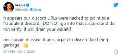 NFT 艺术家 Beeple 官方 Discord 服务区 URL 遭攻击，目前已修复
